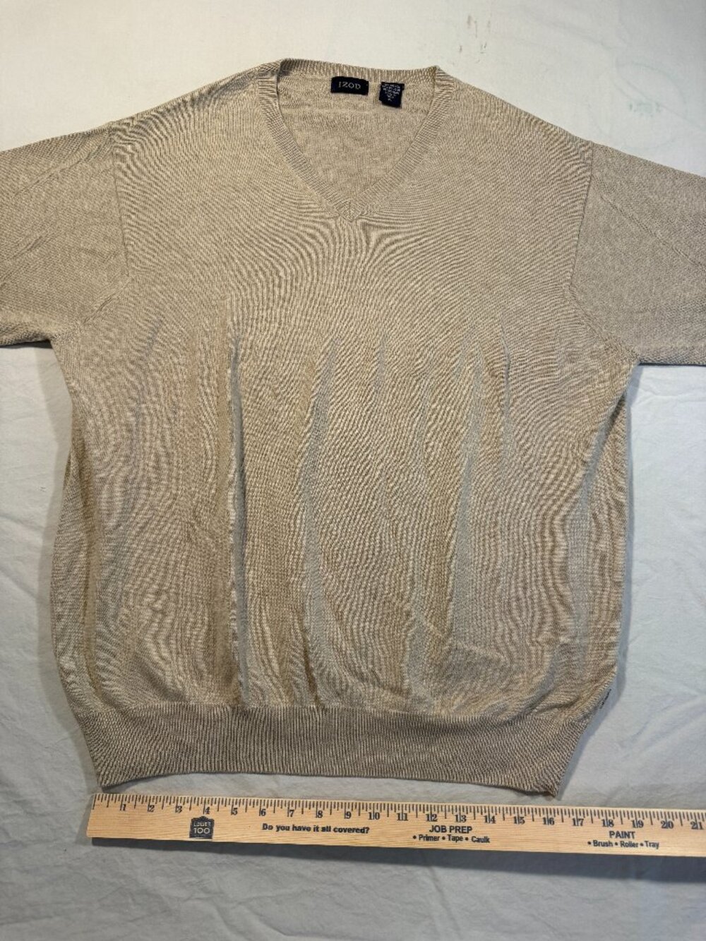IZOD Tan V Neck Sweater Silk Cotton Blend XL Beige Knit Pullover Christmas Gift